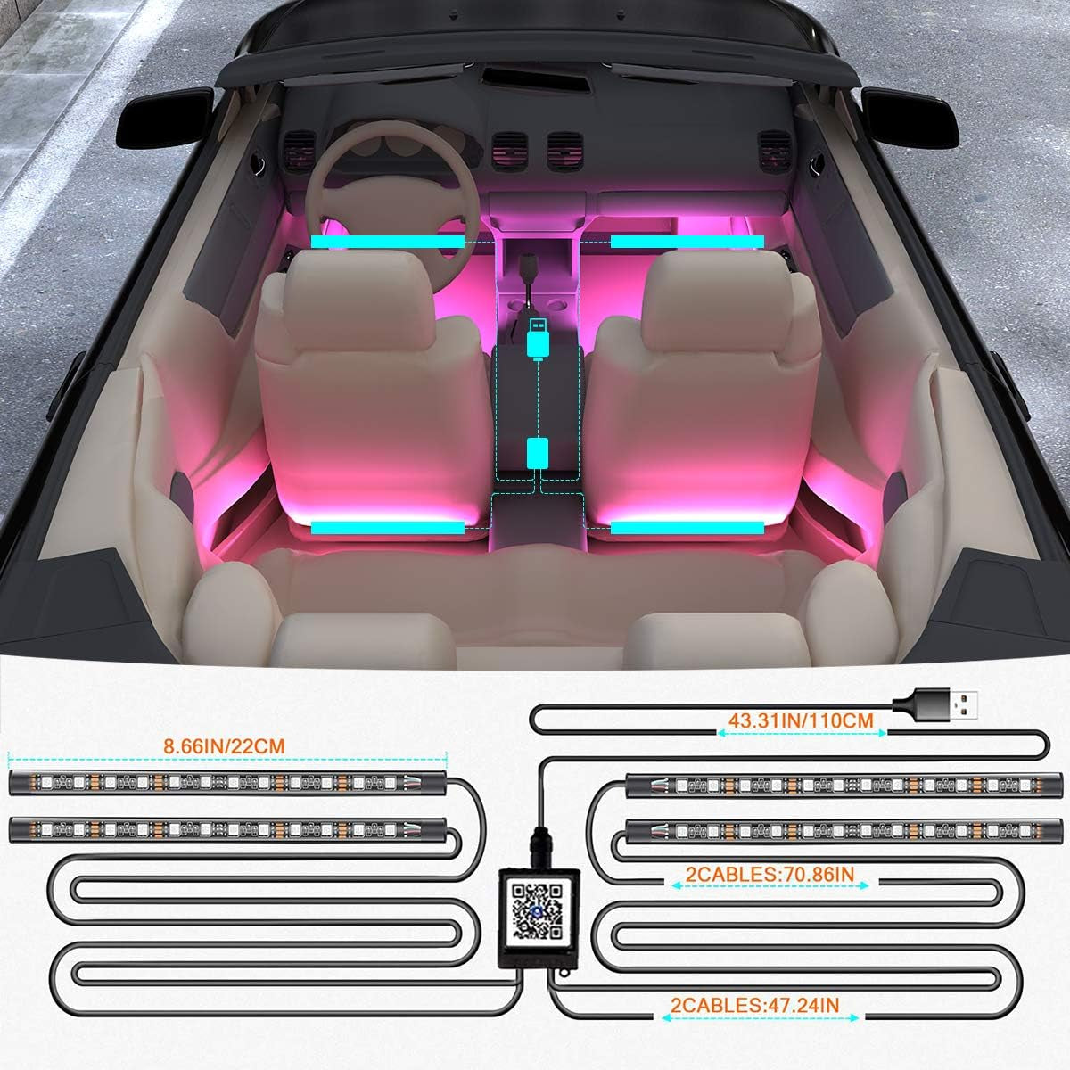 Bluetooth Car LED Strip Lights, Multi DIY Color Music under Dash Interior LED Lights with Sound Active Function
