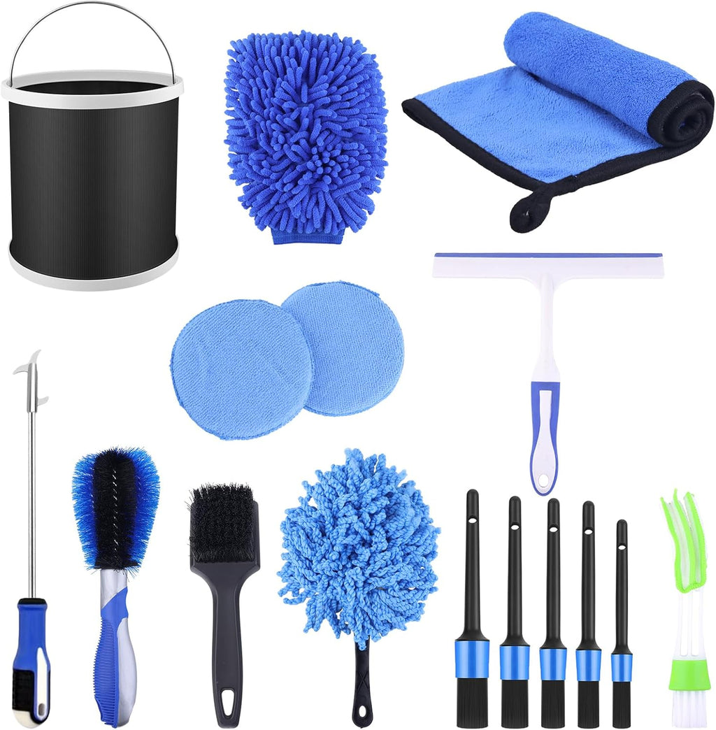 Car Cleaning Kit, 16PCS Exterior and Interior Car Washing Products, Wheel Brush, Bucket, Air Vent Brush, Washing Gloves, Sponges, Window Scraper, Duster, Detail Brush