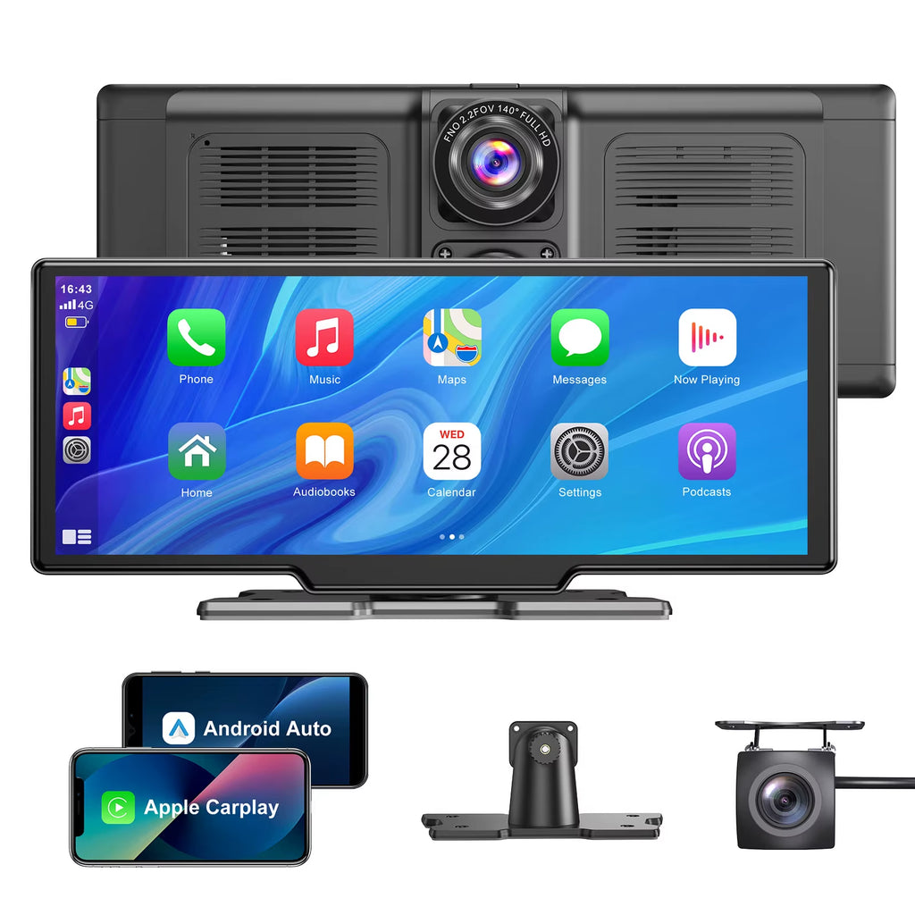 10.26" 4K HD Dash Cam IPS Touchscreen Car Stereo Rearview Wireless Carplay Android Auto Dual Len Recorder W /64G TF Card