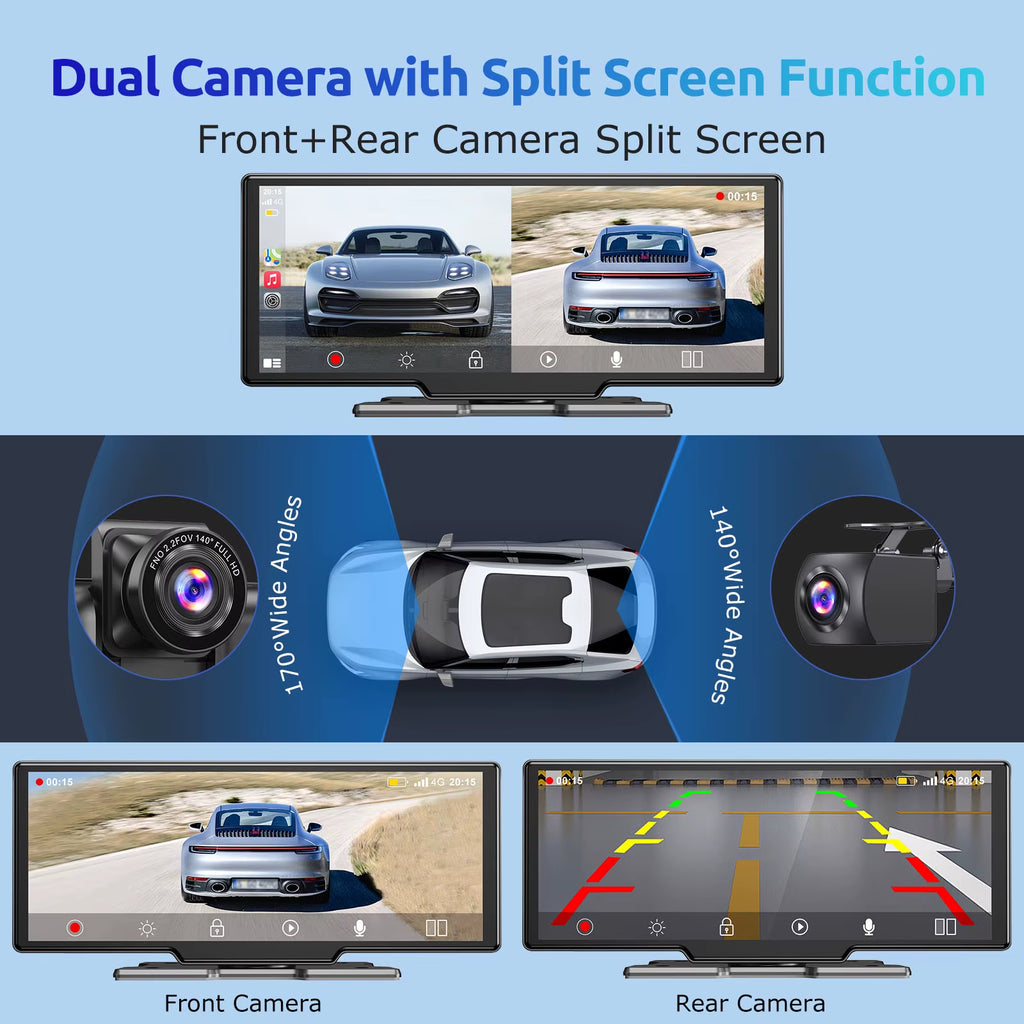 10.26" 4K HD Dash Cam IPS Touchscreen Car Stereo Rearview Wireless Carplay Android Auto Dual Len Recorder W /64G TF Card