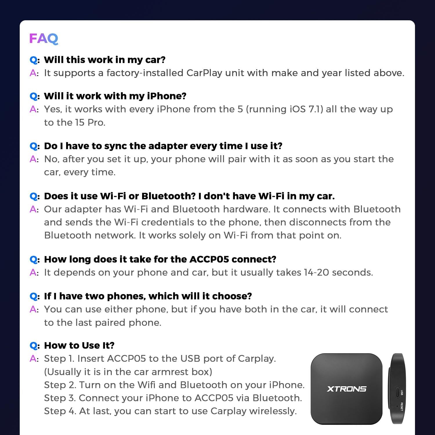 Wireless Adapter for Car Play, Wireless Activator Plug & Play for Iphone, Android Car Stereos Android Auto USB Dongle for Factory Installed Wired Car Play, ACCP05