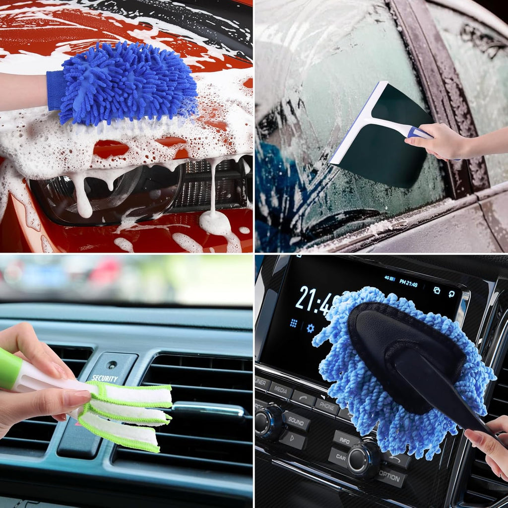 Car Cleaning Kit, 16PCS Exterior and Interior Car Washing Products, Wheel Brush, Bucket, Air Vent Brush, Washing Gloves, Sponges, Window Scraper, Duster, Detail Brush