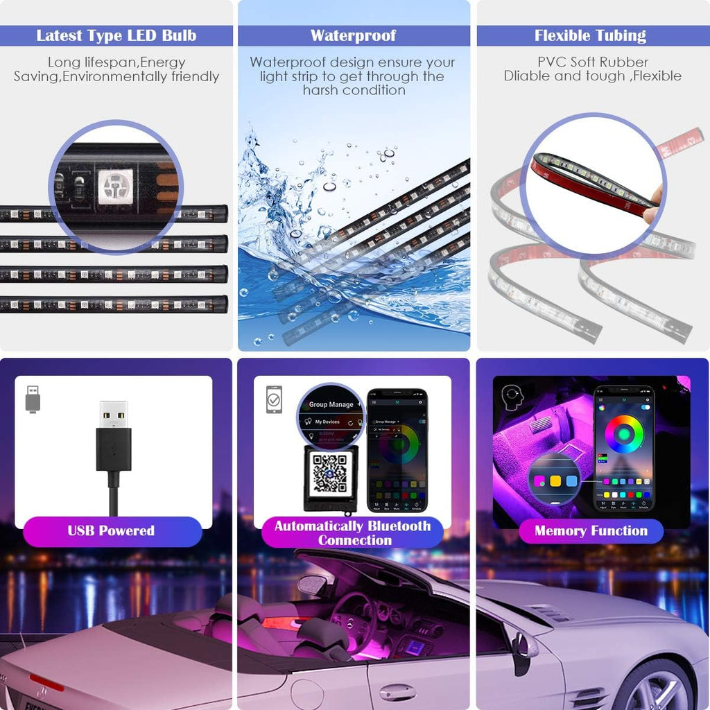 Bluetooth Car LED Strip Lights, Multi DIY Color Music under Dash Interior LED Lights with Sound Active Function