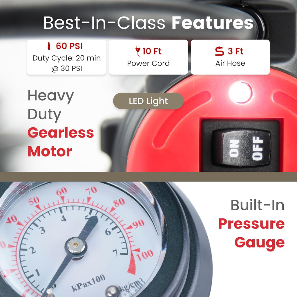 85P - 00085 Tire Inflator Portable Air Compressor for Car, Truck & SUV 12V On/Offroad Tire Pump Air Compressor Portable Heavy Duty 60 PSI, Cigarette Plug, Twist Chuck