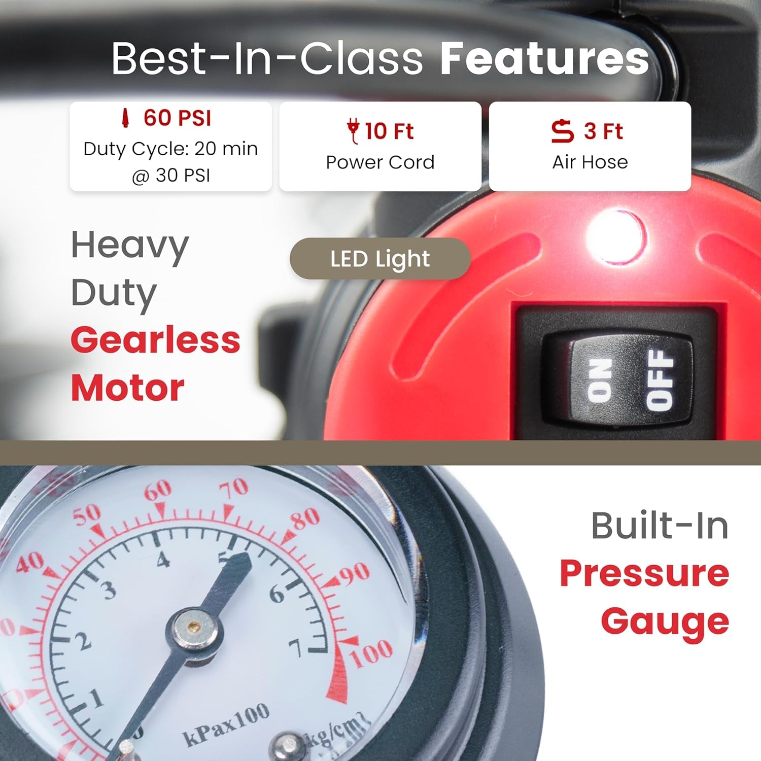 85P - 00085 Tire Inflator Portable Air Compressor for Car, Truck & SUV 12V On/Offroad Tire Pump Air Compressor Portable Heavy Duty 60 PSI, Cigarette Plug, Twist Chuck