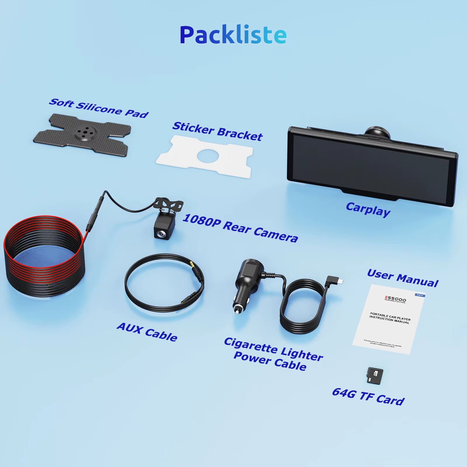 10.26" 4K HD Dash Cam IPS Touchscreen Car Stereo Rearview Wireless Carplay Android Auto Dual Len Recorder W /64G TF Card